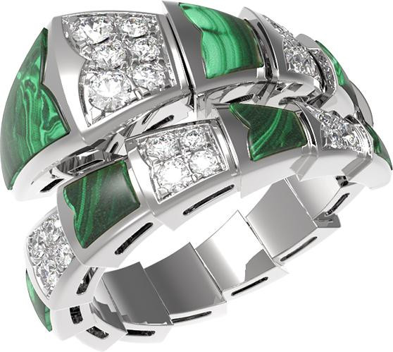 Кольцо из белого золота c бриллиантами и малахитом