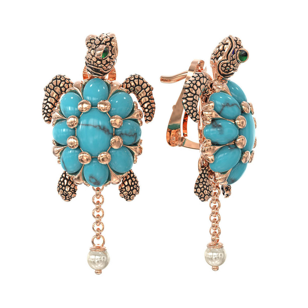 Серьги из золота c эмаль , жемчугом и бирюзой