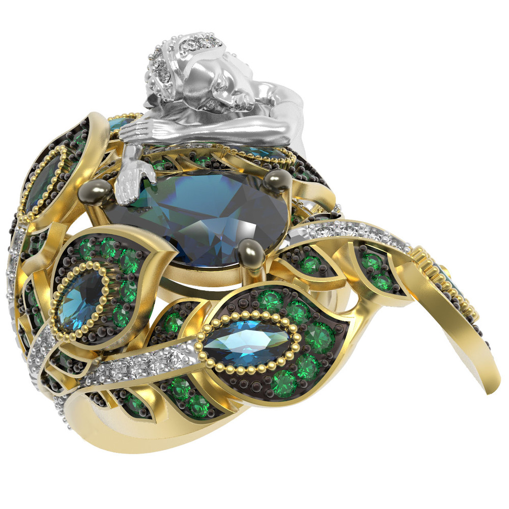 Кольцо из лимонного золота c фианитом, топазом London Blue и топазом London