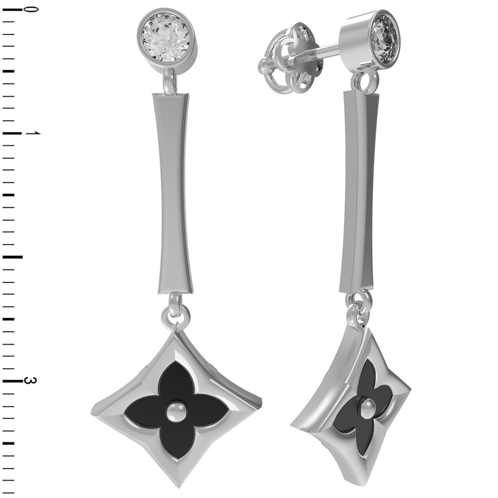 Серьги из белого золота c фианитом и ониксом