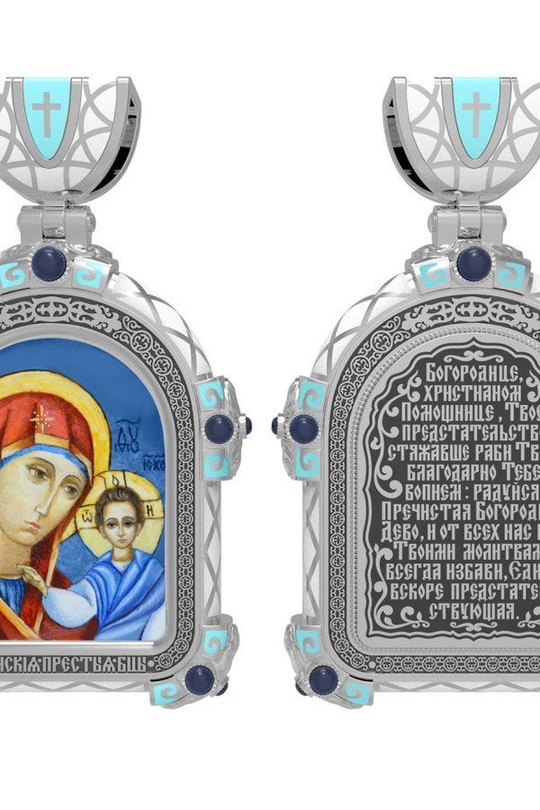 Образок из белого золота c эмаль , иконописью и темперой