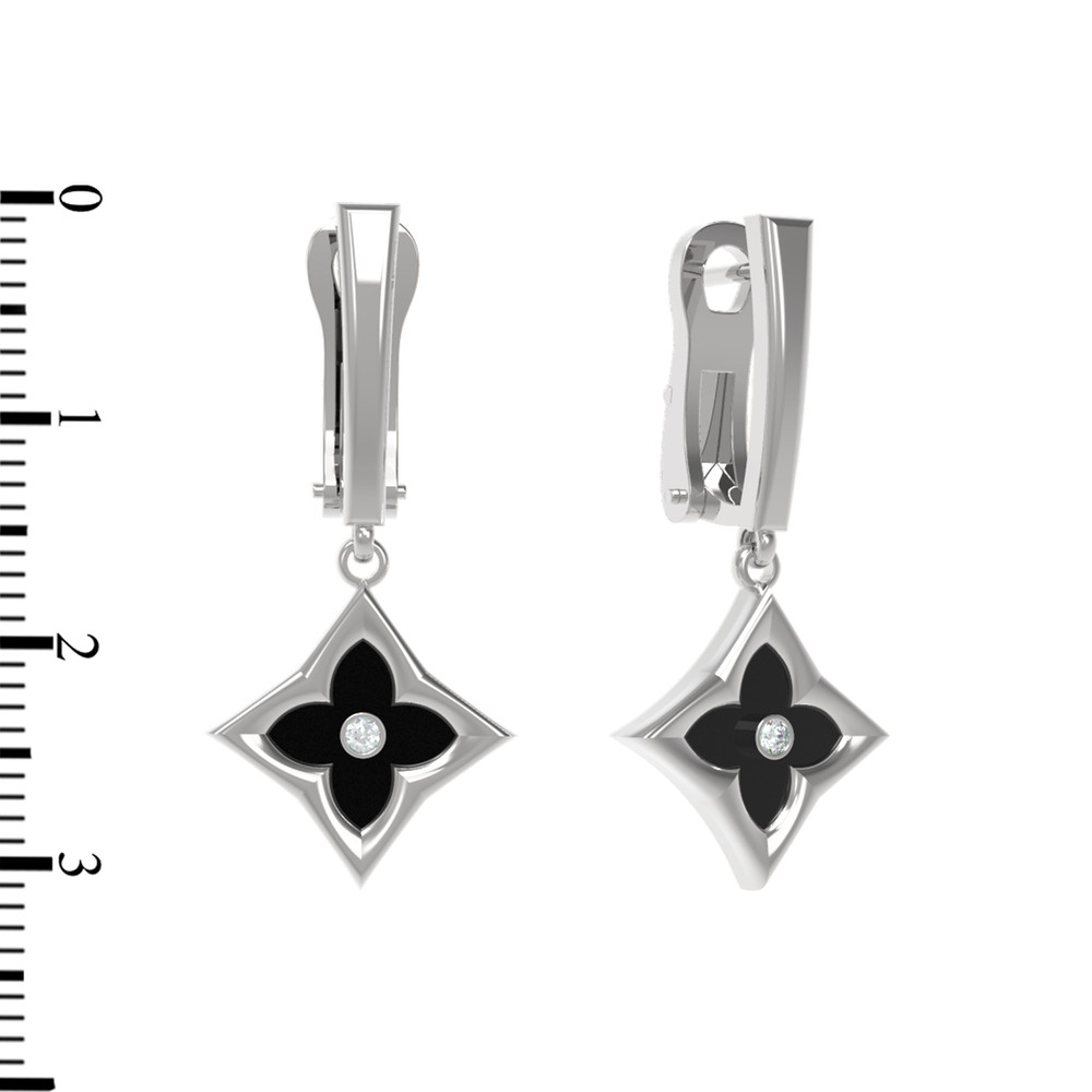 Серьги из белого золота c бриллиантами и ониксом