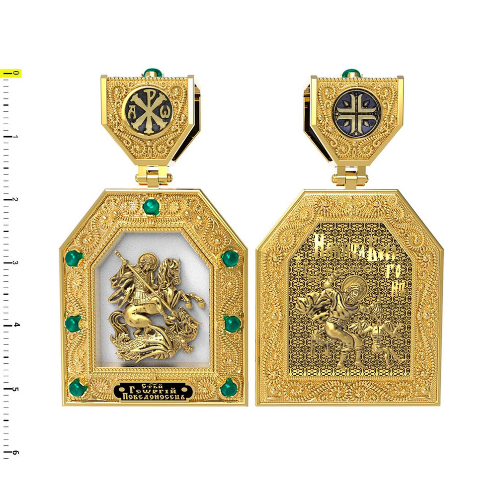 Образок из лимонного золота c эмаль и хризопразом