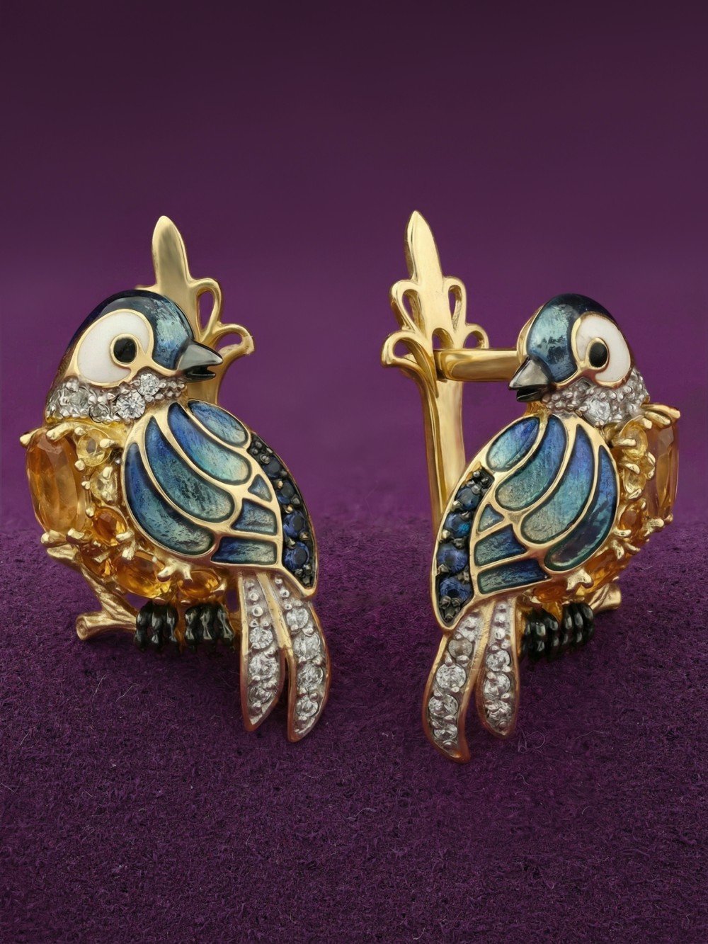 Серьги из лимонного золота c эмаль , фианитом, цитрином и сапфиром