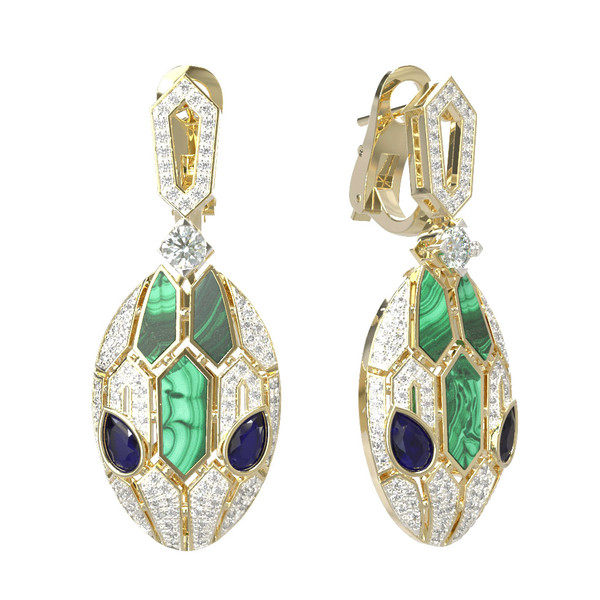 Серьги из лимонного золота c бриллиантами, сапфиром и малахитом