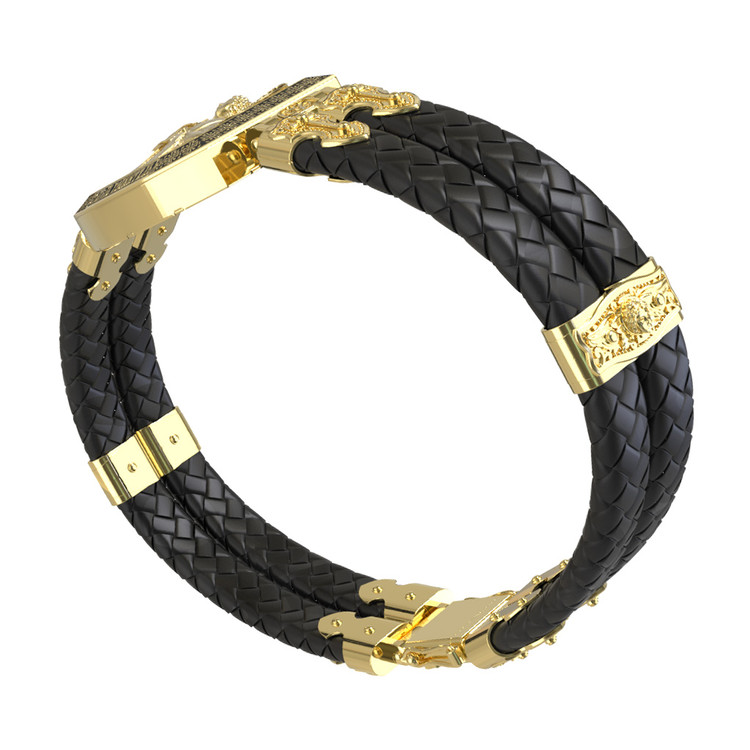 Браслет из лимонного золота c эмаль , шнурком и ониксом