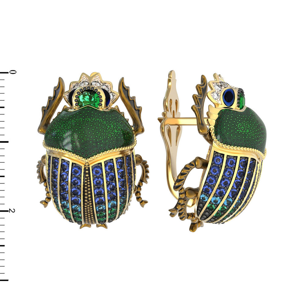 Серьги из лимонного золота c эмаль , фианитом и турмалином