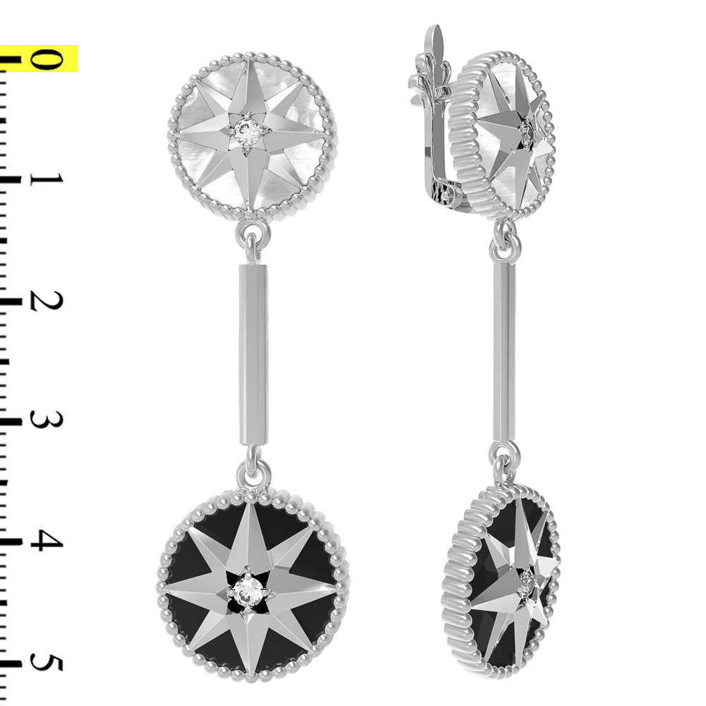 Серьги из белого золота c фианитом, ониксом и перламутром