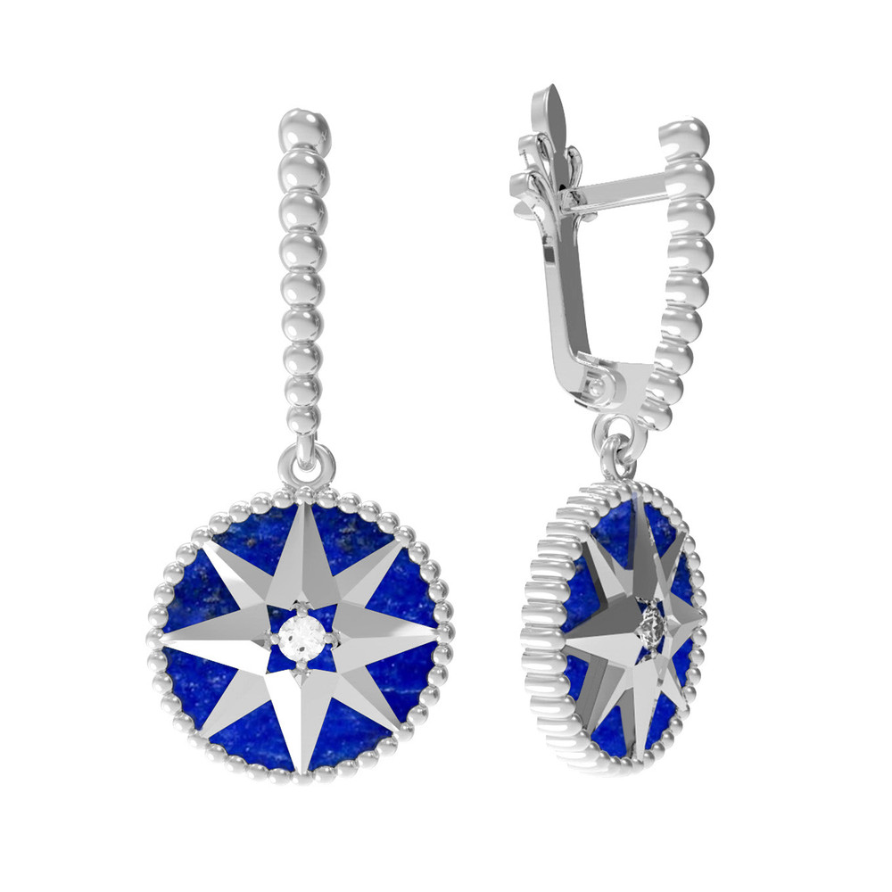 Серьги из белого золота c фианитом и лазуритом