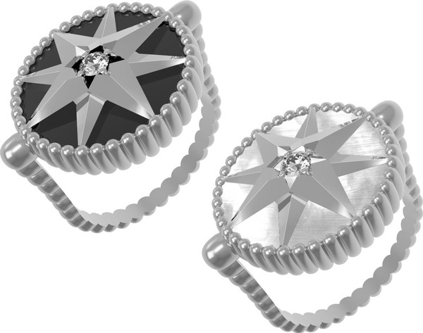 Кольцо из белого золота c фианитом, ониксом и перламутром