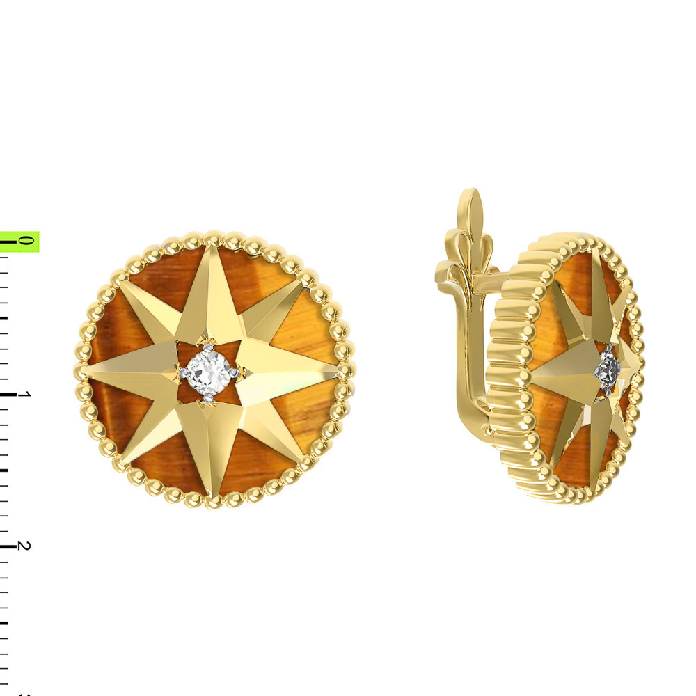 Серьги из лимонного золота c фианитом и тигровым глазом