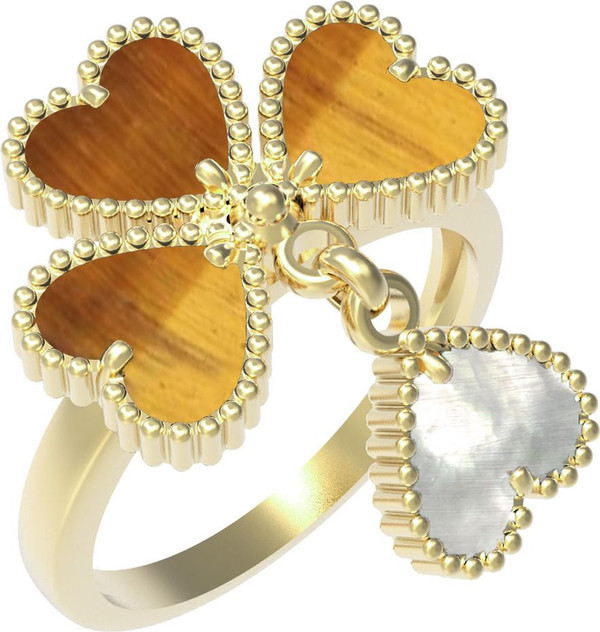Кольцо из лимонного золота c тигровым глазом и перламутром