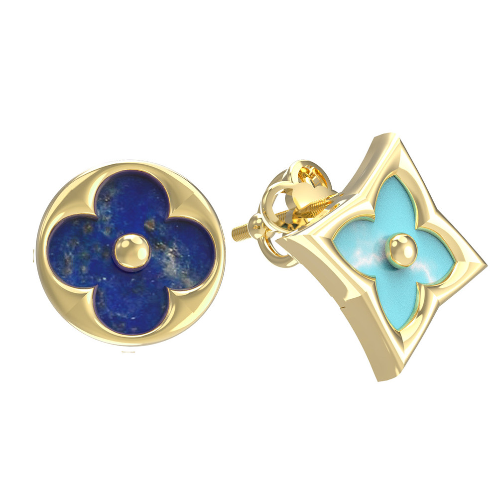 Серьги из лимонного золота c бирюзой и лазуритом