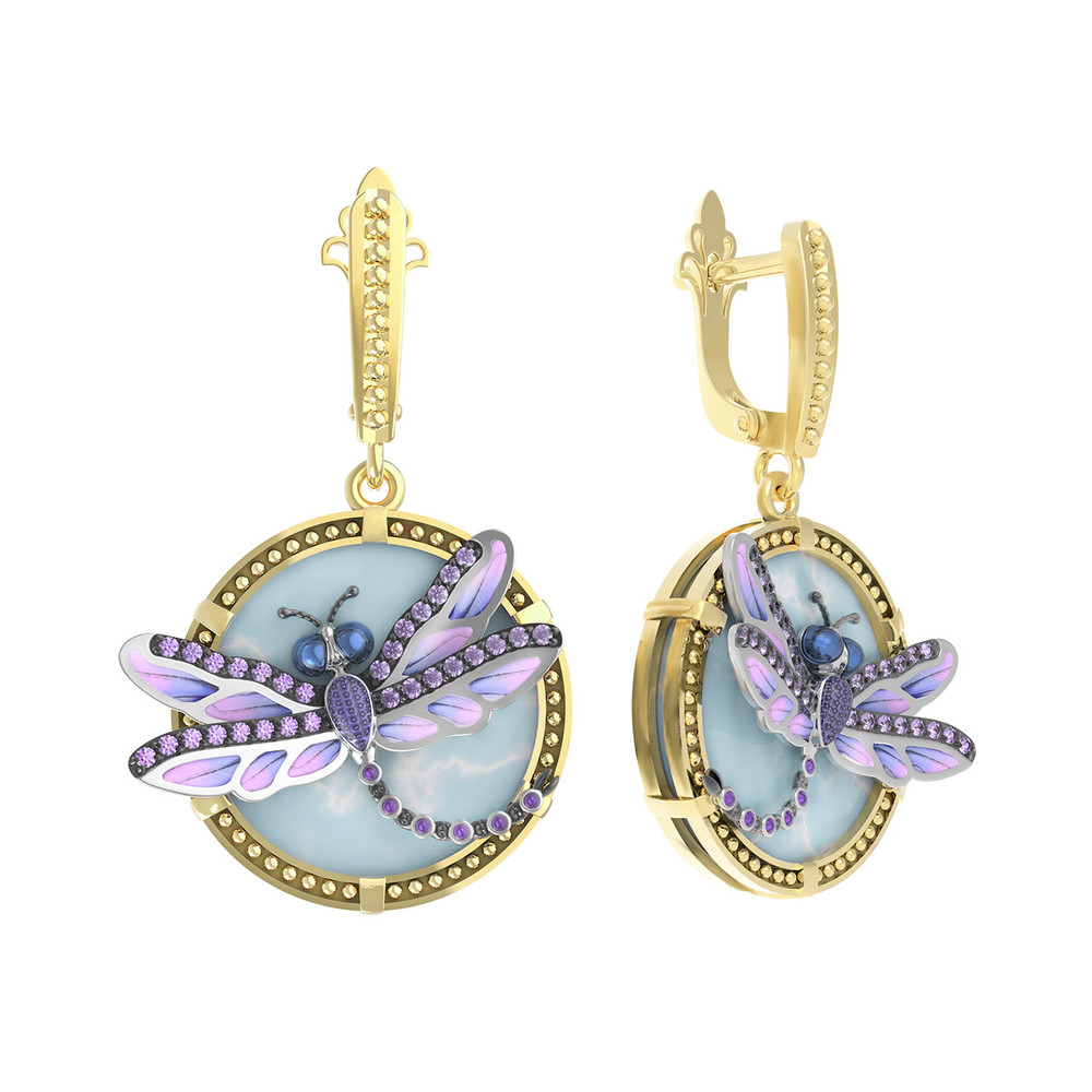 Серьги из лимонного золота c бирюзой, аметистом и эмалью