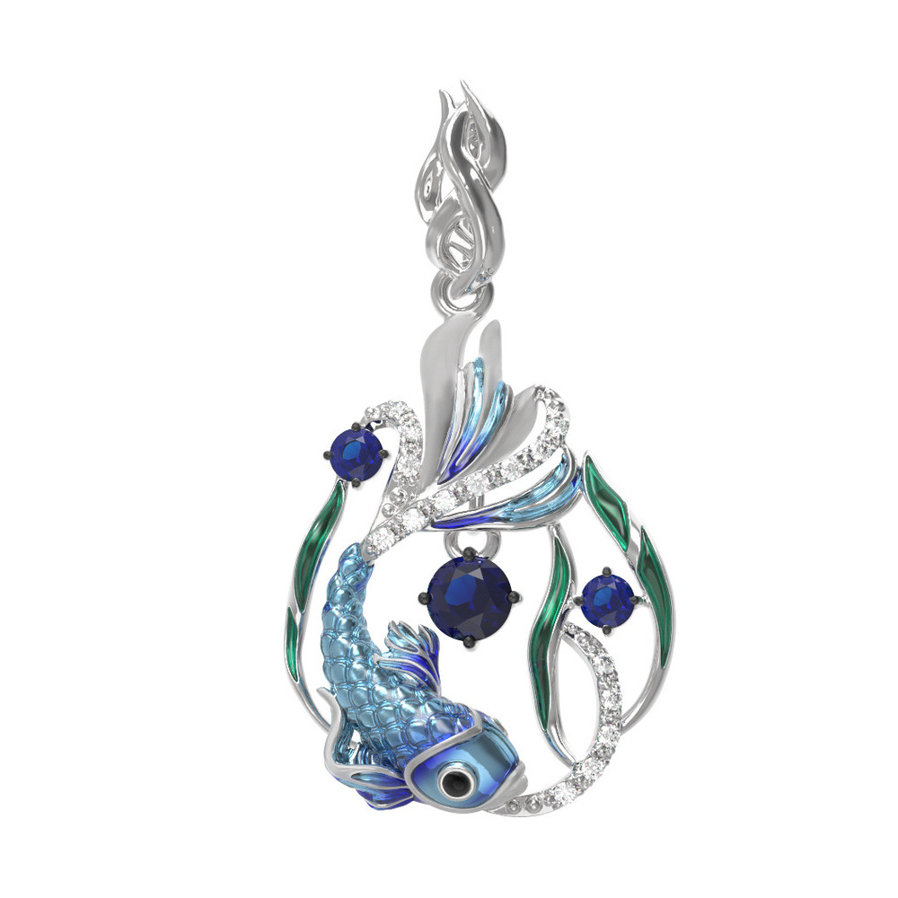 Подвеска из белого золота c эмаль , фианитом и сапфиром