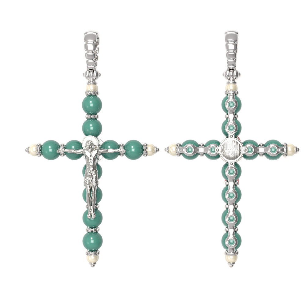 Крест из белого золота c жемчугом и бирюзой