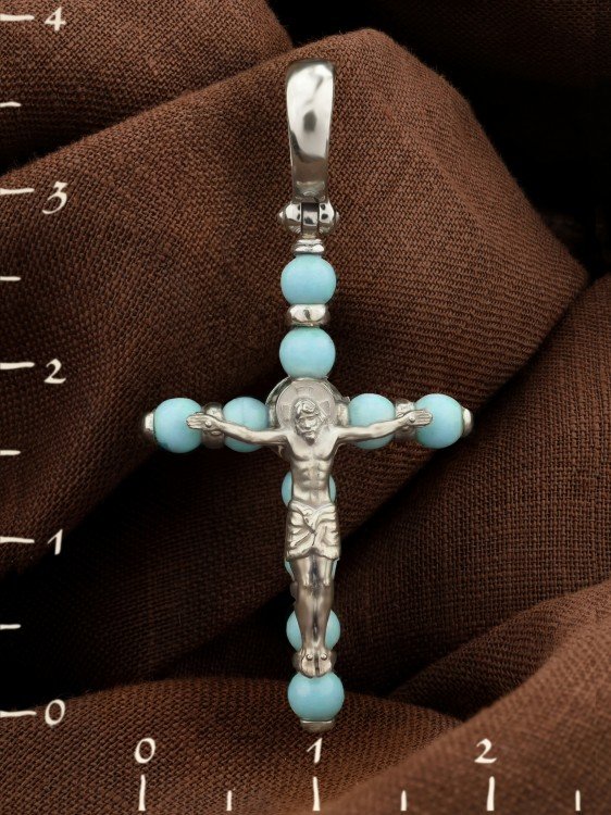 Крест из белого золота c бирюзой