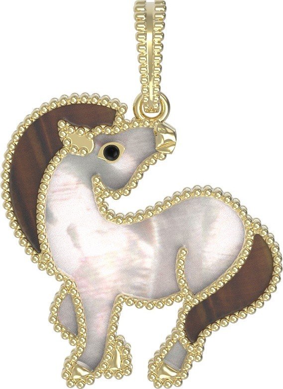 Подвеска из лимонного золота c эмалью, тигровым глазом и перламутром