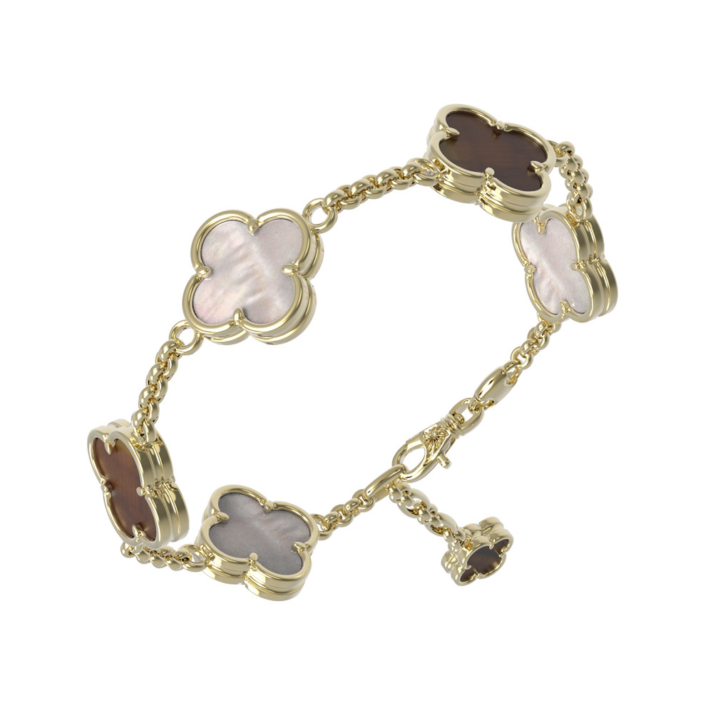 Браслет из лимонного золота c тигровым глазом и перламутром