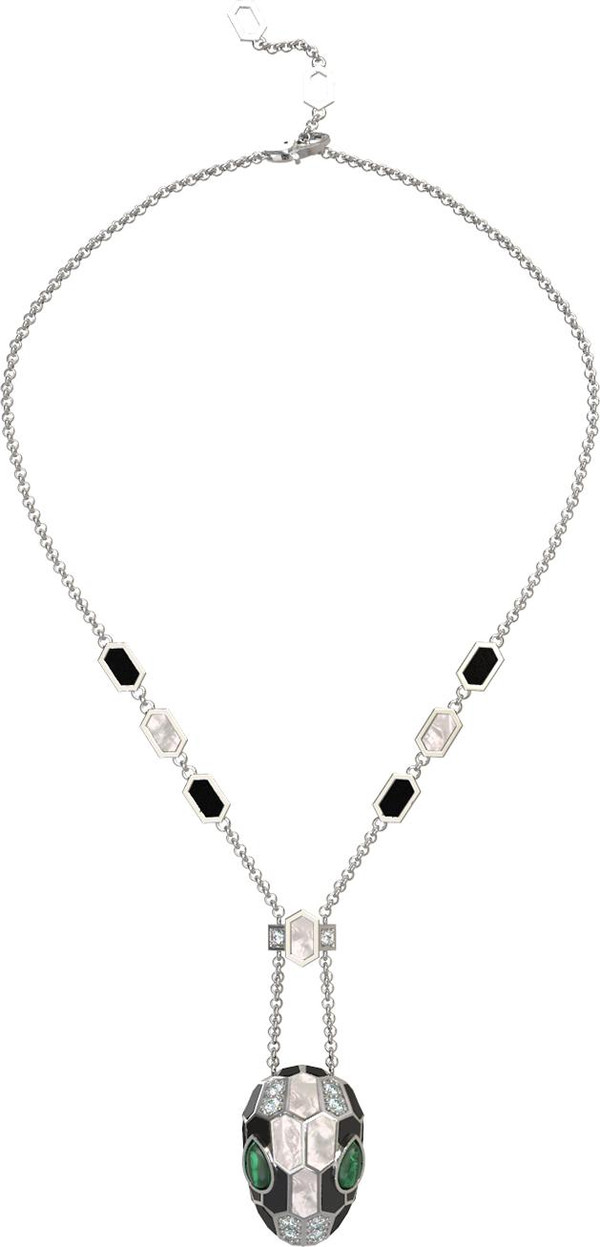 Колье из белого золота c бриллиантами, рубином, ониксом, малахитом и перламутром