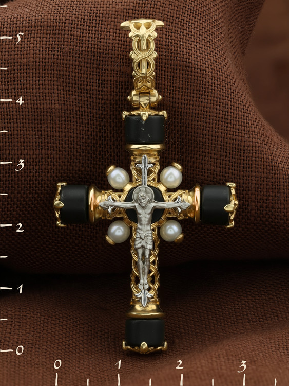 Крест из лимонного золота c ониксом и малахитом