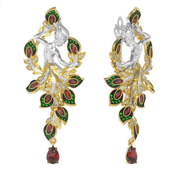 Серьги из лимонного золота c фианитом и гранатом