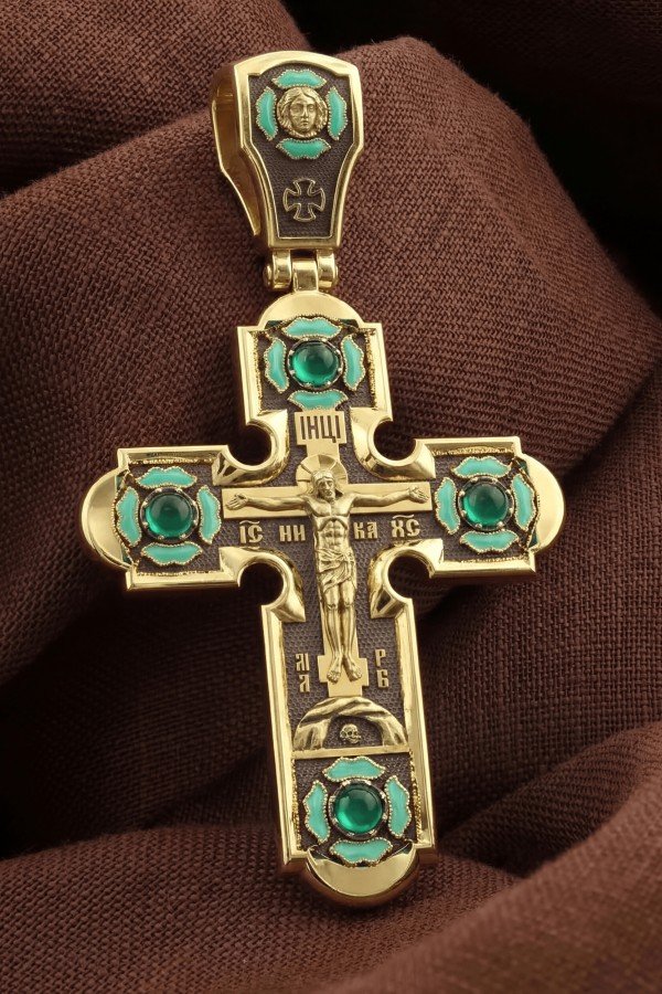 Крест из лимонного золота c эмаль и хризопразом