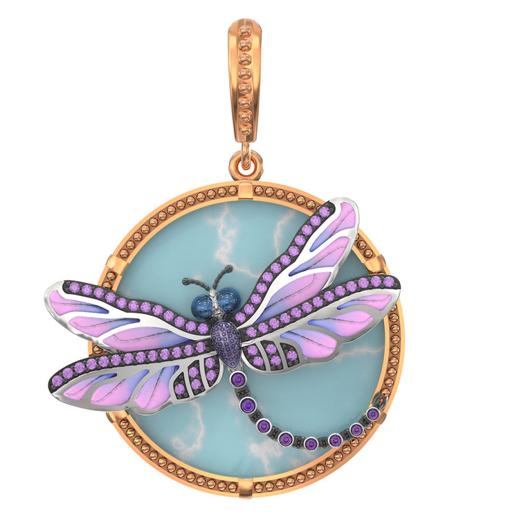 Подвеска из золота c бирюзой, аметистом и эмалью