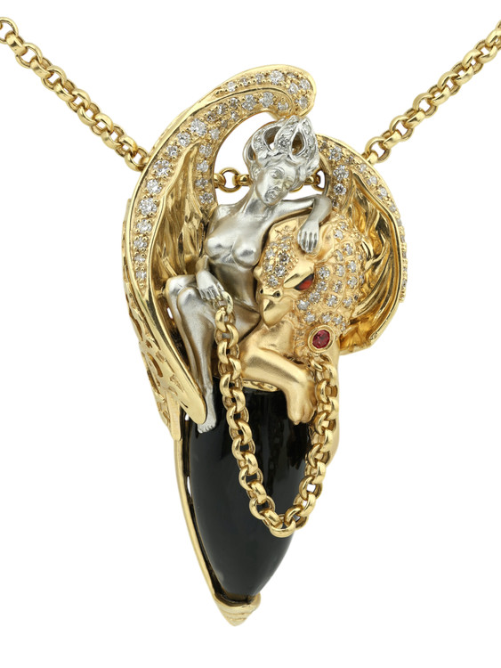 Колье из лимонного золота c эмаль , бриллиантами, рубином, ониксом и рубином