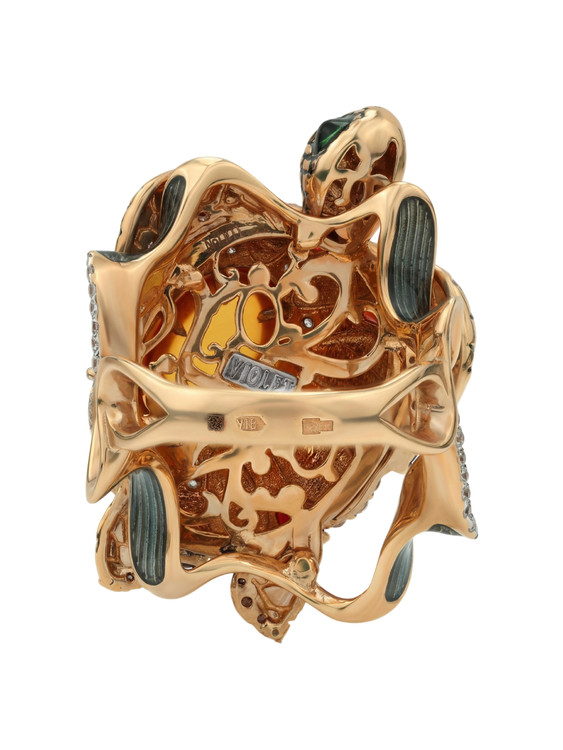 Кольцо из золота c эмаль , фианитом, гранатом и янтарём