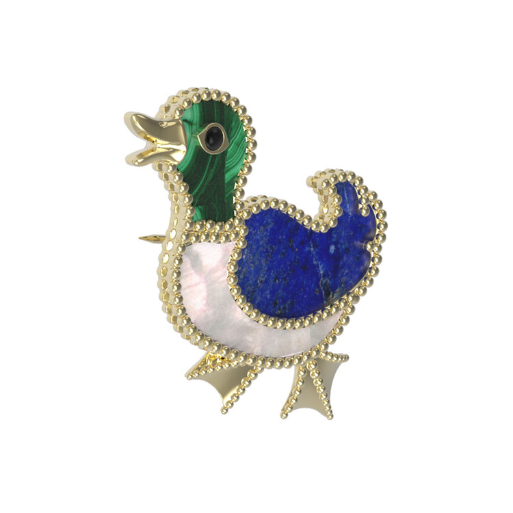 Брошь из лимонного золота c эмаль , лазуритом, малахитом и перламутром