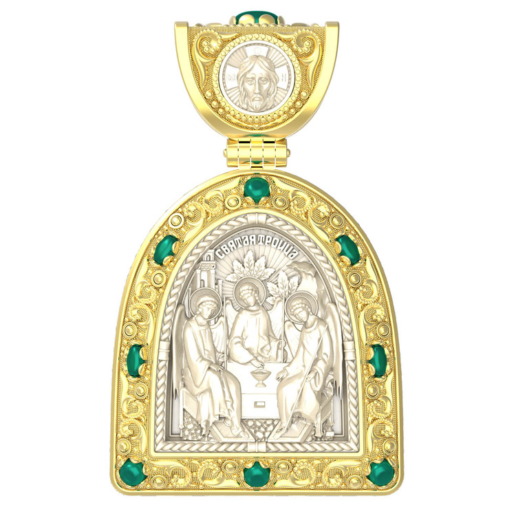 Образок из лимонного золота c эмаль , хризопразом и бивнем мамонта