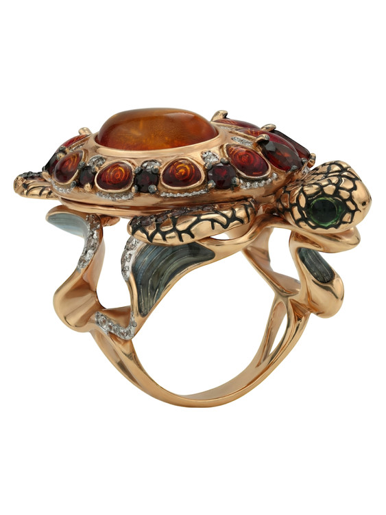 Кольцо из золота c эмаль , фианитом, гранатом и янтарём