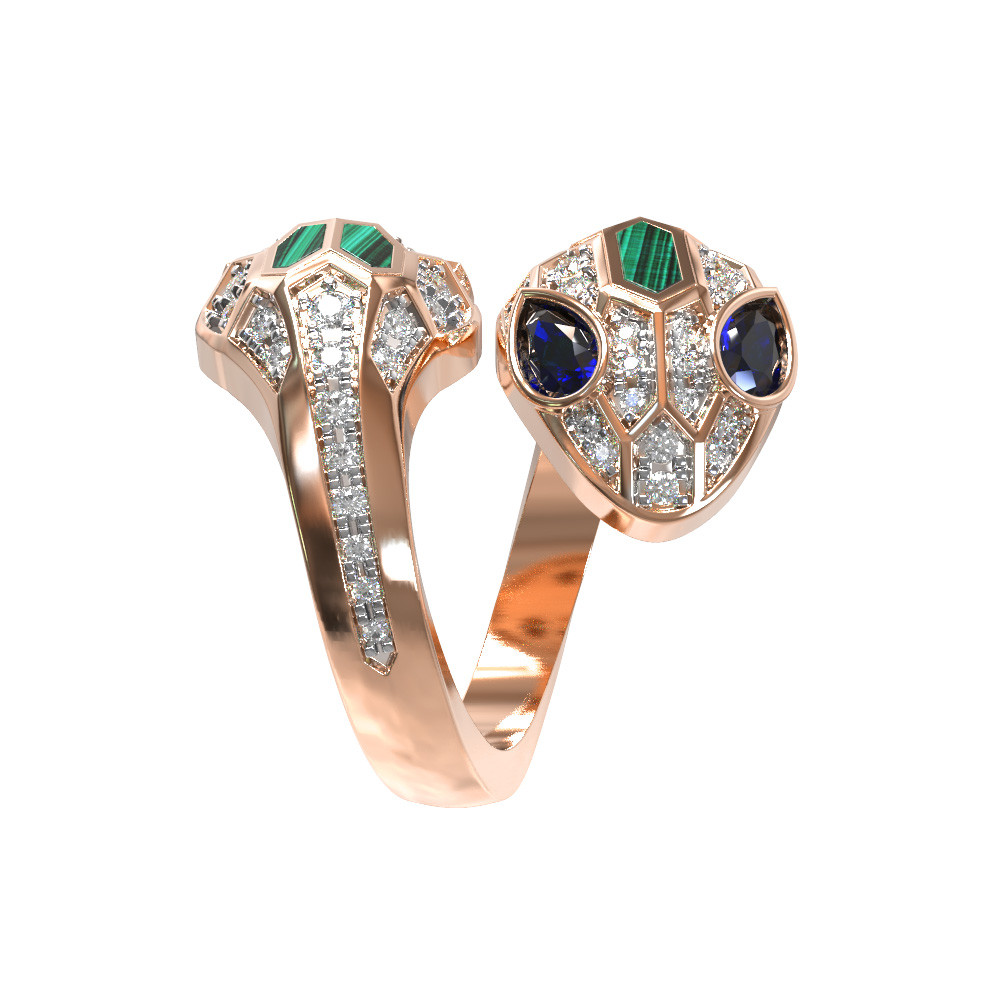 Кольцо из золота c бриллиантами, сапфиром и малахитом