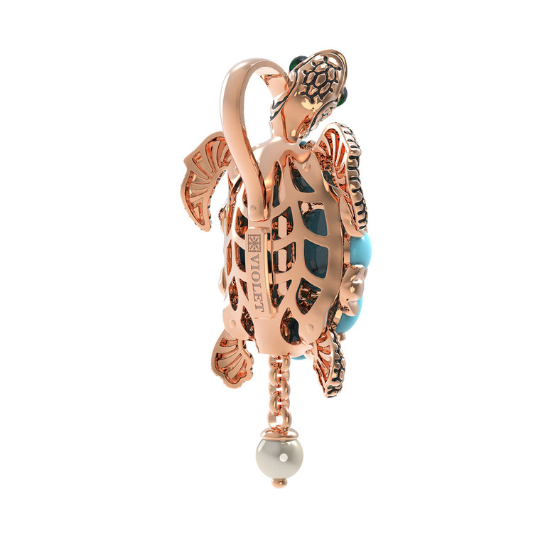 Подвеска из золота c эмаль , жемчугом и бирюзой