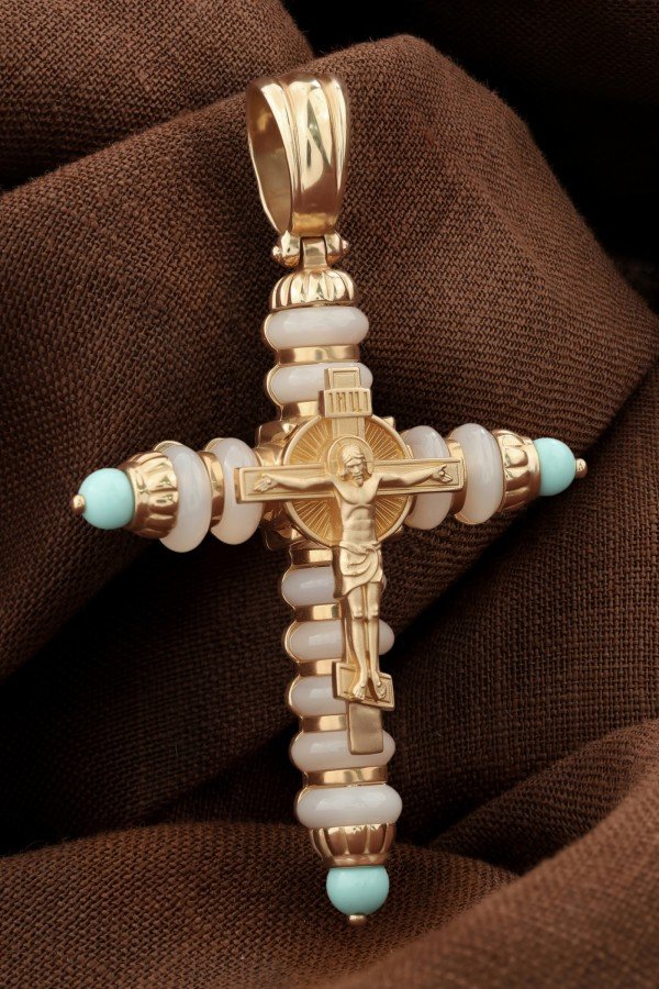 Крест из золота c бирюзой и кахолонгом