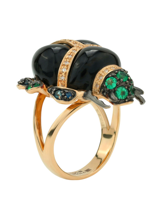 Кольцо из золота c бриллиантами, сапфиром, изумрудом и ониксом