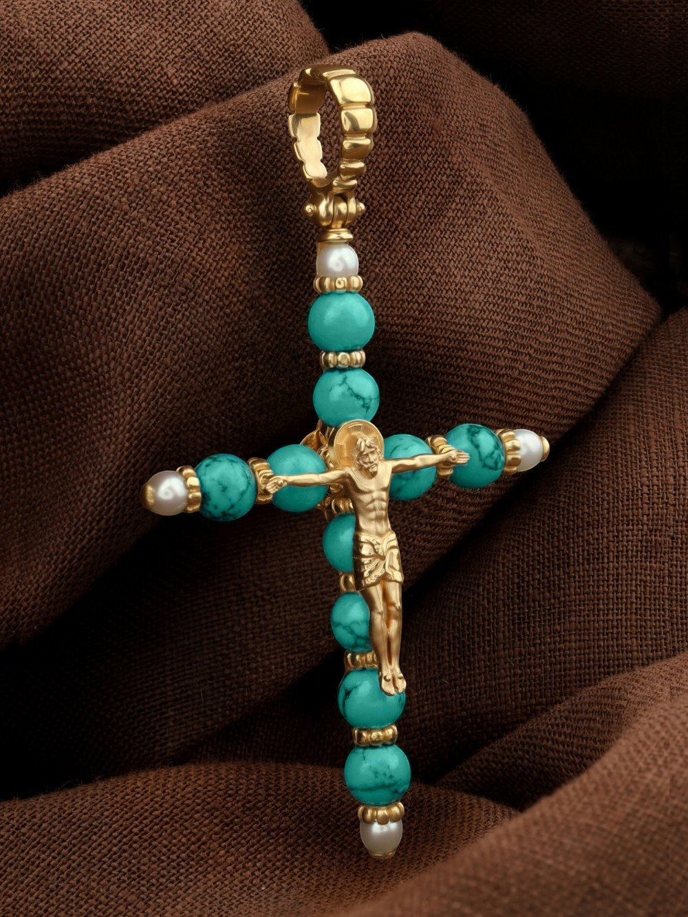 Крест из лимонного золота c жемчугом и бирюзой