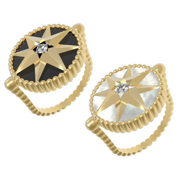 Кольцо из лимонного золота c фианитом, ониксом и перламутром