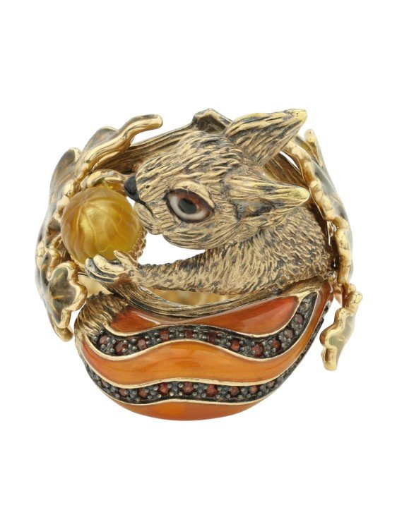 Кольцо из лимонного золота c эмаль , гранатом и янтарём