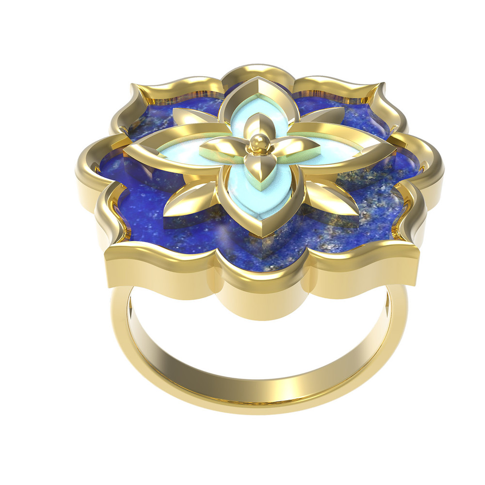 Кольцо из лимонного золота c бирюзой и лазуритом