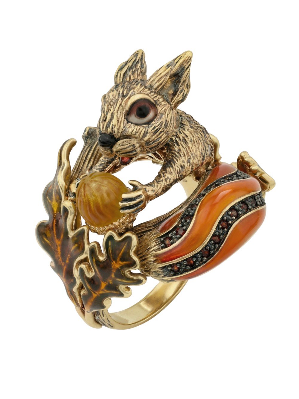 Кольцо из лимонного золота c эмаль , гранатом и янтарём