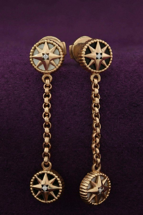 Серьги из золота c бриллиантами, ониксом и перламутром