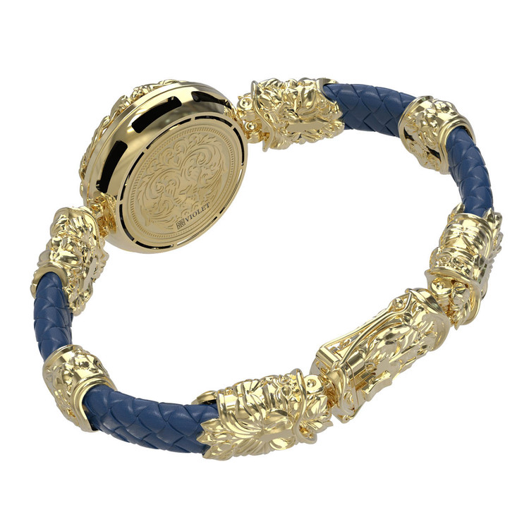 Браслет из лимонного золота c эмаль , кожаным шнурком и ониксом