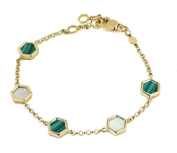 Браслет из лимонного золота c малахитом и перламутром