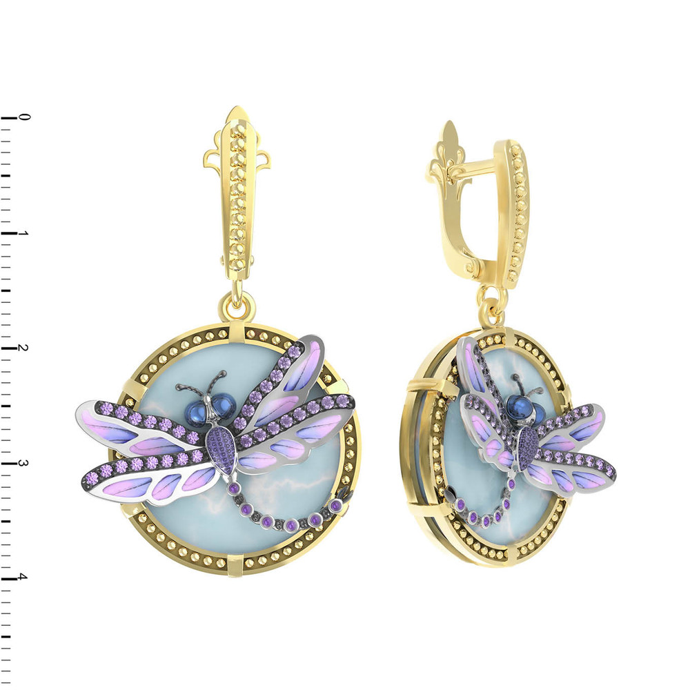 Серьги из лимонного золота c бирюзой, аметистом и эмалью