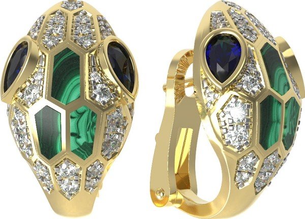 Серьги из лимонного золота c бриллиантами, сапфиром и малахитом