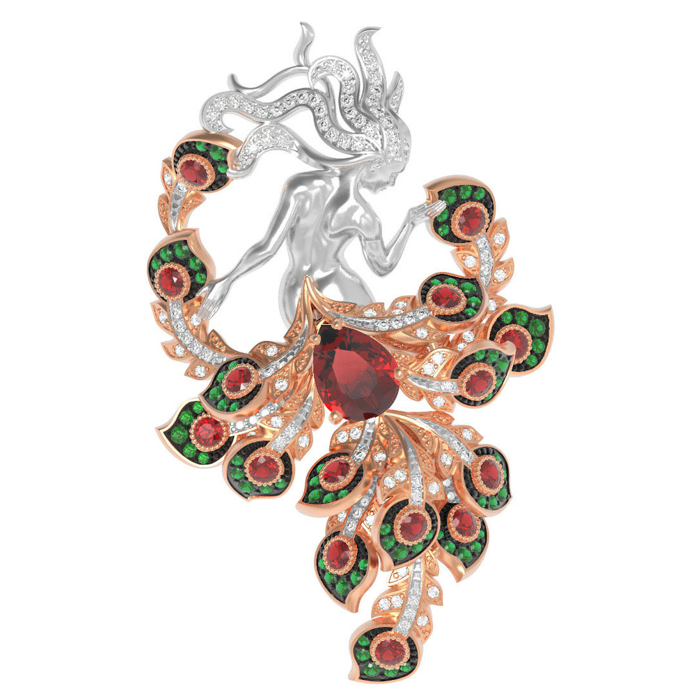 Брошь из золота c фианитом и гранатом