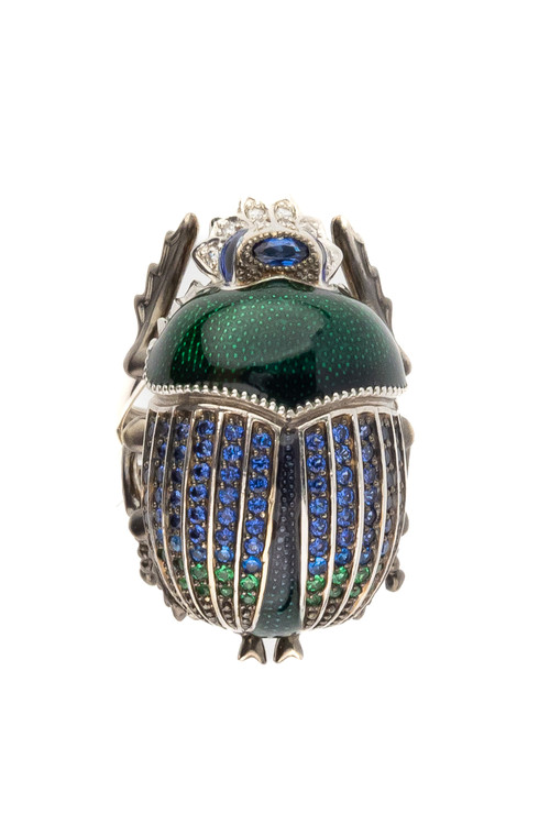 Кольцо из белого золота c эмаль , фианитом и сапфиром