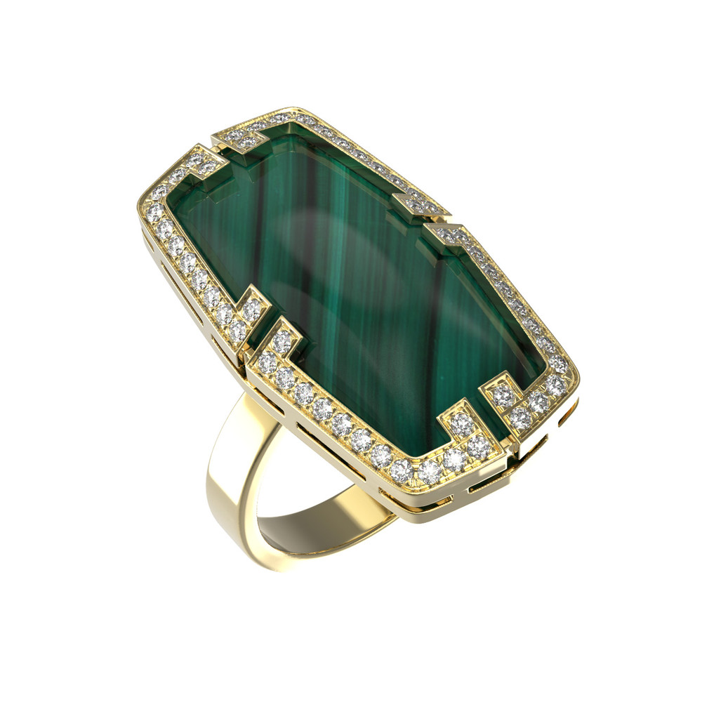 Кольцо из лимонного золота c бриллиантами, рубином и малахитом